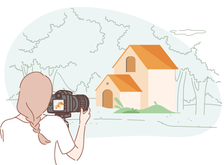 ilustración de fotografo haciendo fotos a una casa rural